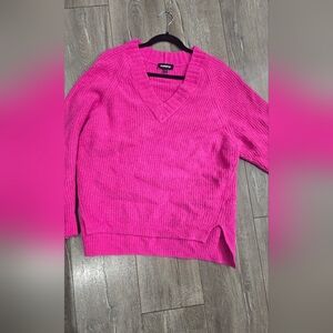 Express Women's Bright Pink Oversized V-Neck Sweater